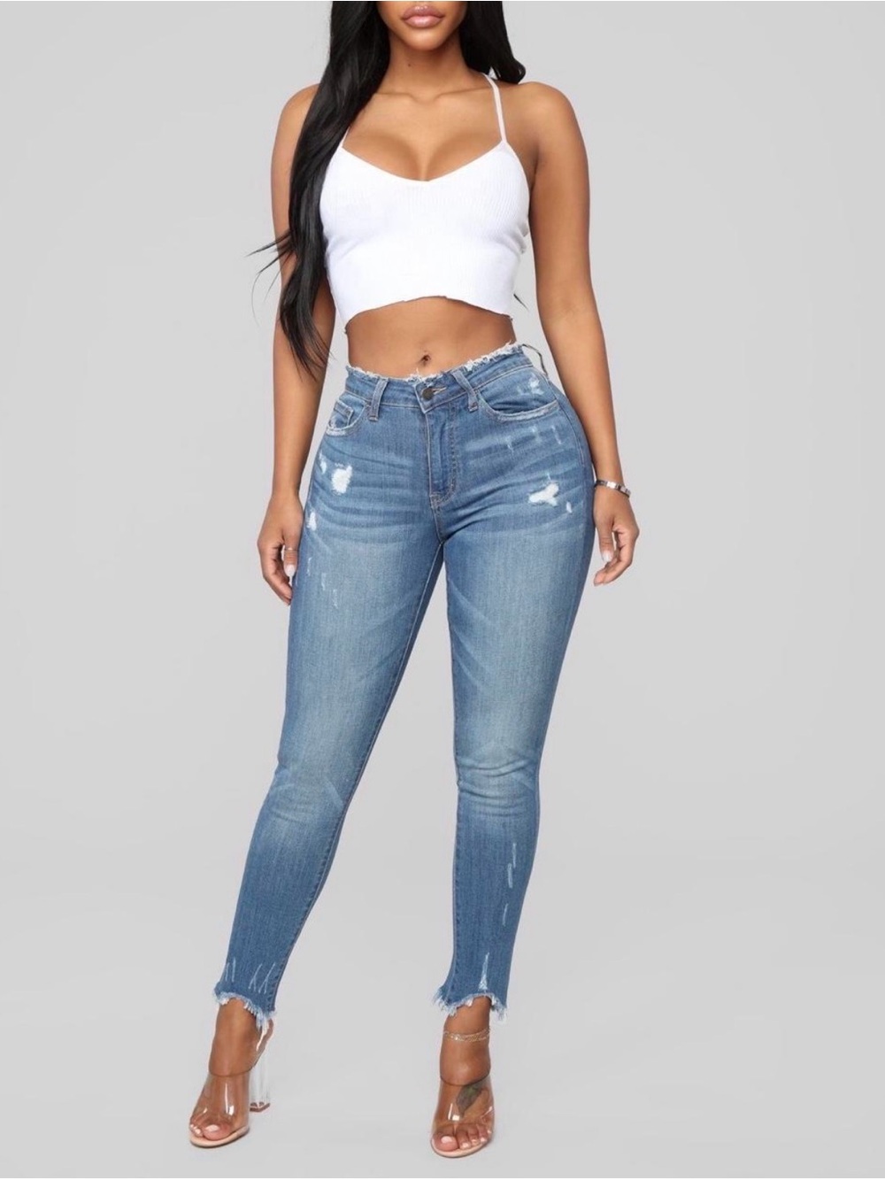 Fashion Nova Light Blue Distressed Ankle Jeans